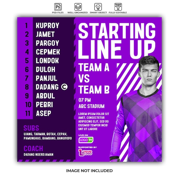 cartaz de evento esportivo de escalação inicial de futebol ou modelo de mídia social