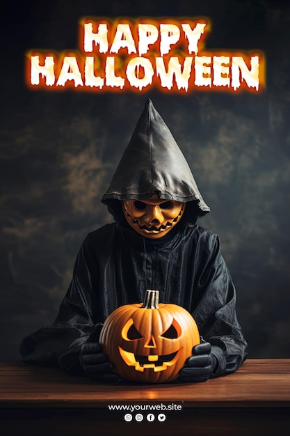 Cartaz de feliz halloween com pampkin malvado