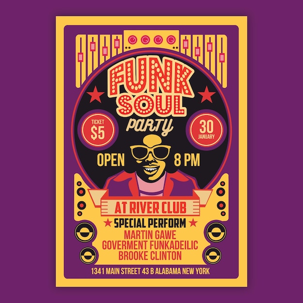 Cartaz de folheto festa funk soul