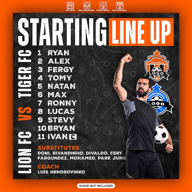 cartaz de formação inicial de futebol ou modelo de feed de mídia social