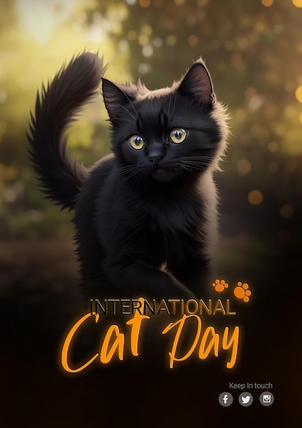 PSD cartaz de gato preto bonito dia internacional do gato