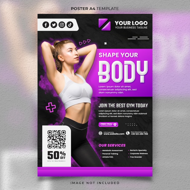 Cartaz de ginásio de fitness roxo ou modelo de banner pronto para imprimir