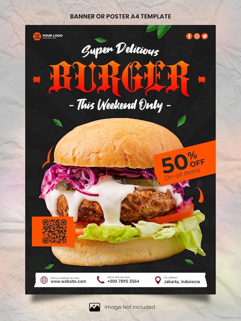 PSD cartaz de hambúrguer delicioso especial a4 ou modelo de banner