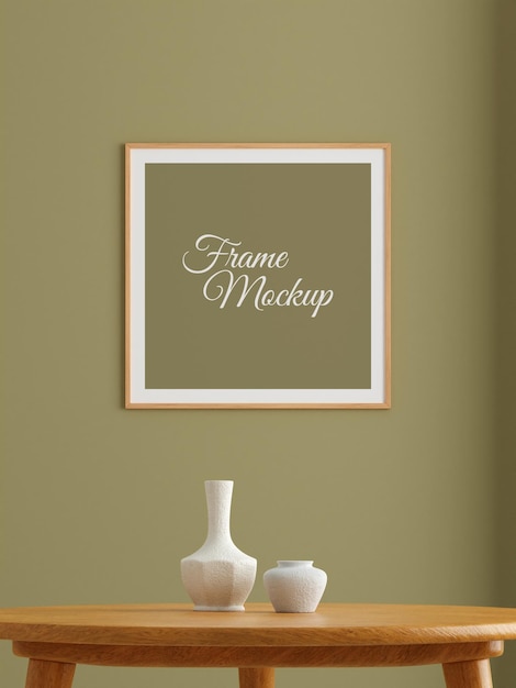 Cartaz de madeira quadrado minimalista ou maquete de moldura na parede da sala de estar