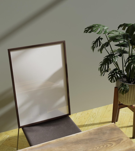 cartaz de maquete de quadro minimalista na cadeira de jantar iluminado pela luz do sol com vista estética