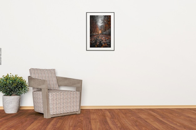 Cartaz de maquete em design de interiores de sala de estar moderna com parede vazia