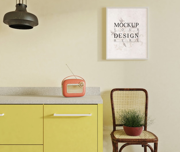 PSD cartaz de maquete na cozinha moderna com cadeira lateral