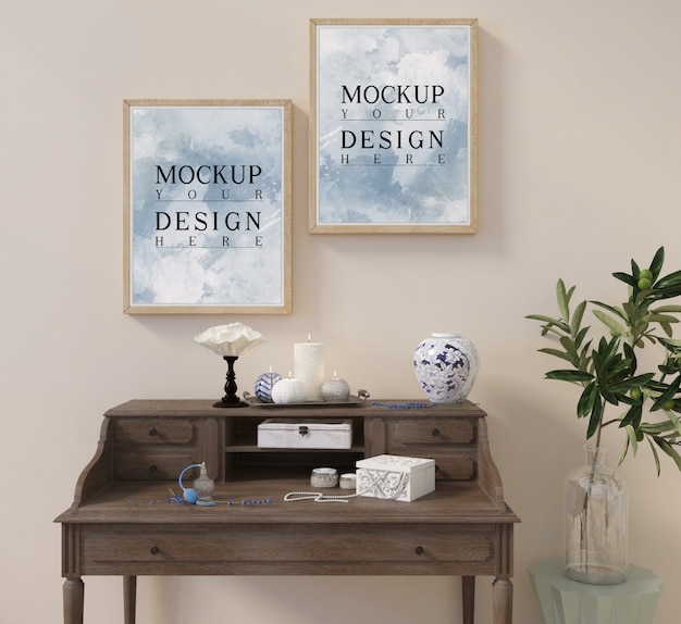 Cartaz de maquete na mesa de console com decoração