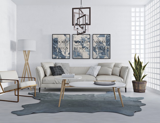 PSD cartaz de maquete na moderna sala de estar com sofá