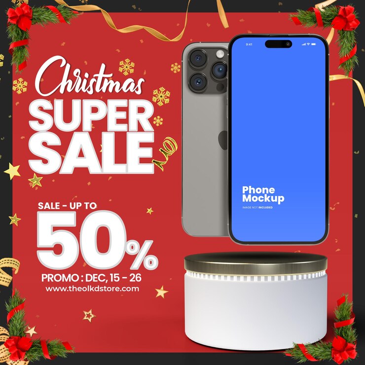 PSD cartaz de mídia social de venda de feliz natal com tela de telefone inteligente