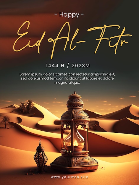 Cartaz de mídia social feliz Eid AlFitr com mesquita de lanternas de fundo do deserto