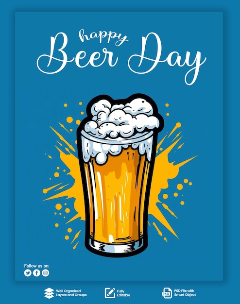 Cartaz de mídia social PSD café bar Feliz dia da cerveja com cerveja e fundo azul