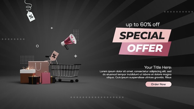Cartaz de oferta especial de carrinho de renderização 3d e sacolas de compras para sexta-feira negra