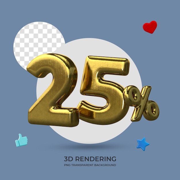 Cartaz de promoção 25% de desconto na renderização em 3d de cor dourada