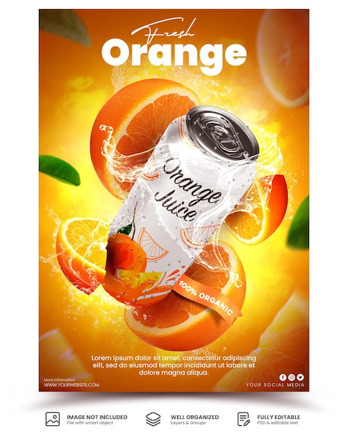 Cartaz de promoção de menu de bebida de laranja fresca de conceito criativo ou modelo de folheto