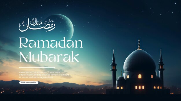 Cartaz de ramadan modelo de cartaz de ramadan mubarak com mesquita do domo no céu do crepúsculo azul escuro.