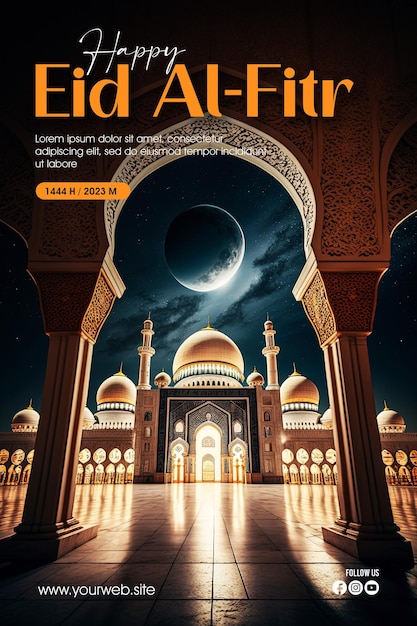 Cartaz de saudação do Eid alFitr com uma mesquita e a lua como fundo