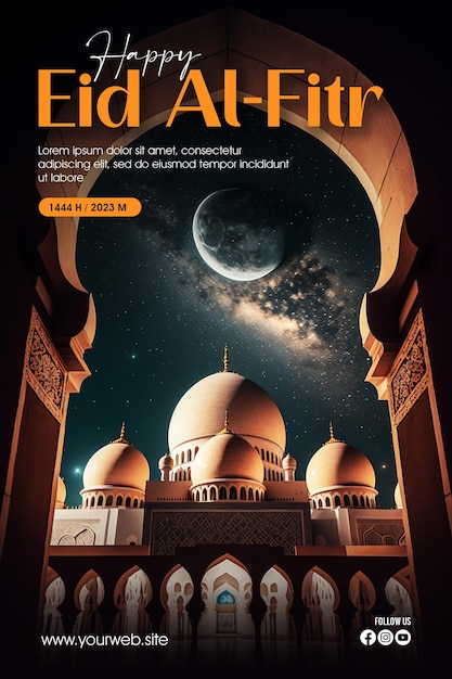 Cartaz de saudação do eid alfitr com uma mesquita e a lua como fundo