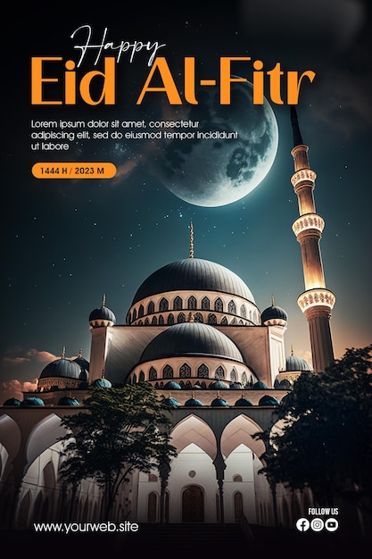 Cartaz de saudação do Eid alFitr com uma mesquita e a lua como fundo