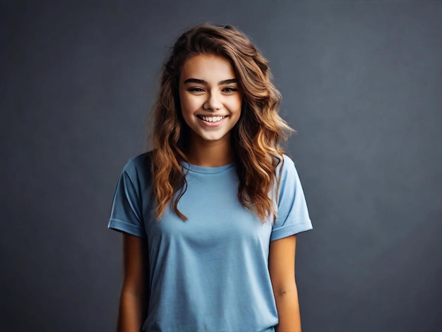 PSD cartaz de uma adolescente sorridente de pé vestindo uma camiseta usando um telefone inteligente