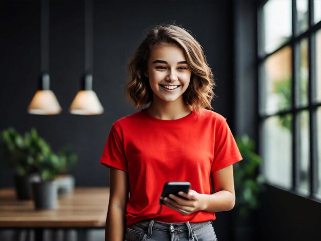 PSD cartaz de uma adolescente sorridente de pé vestindo uma camiseta usando um telefone inteligente