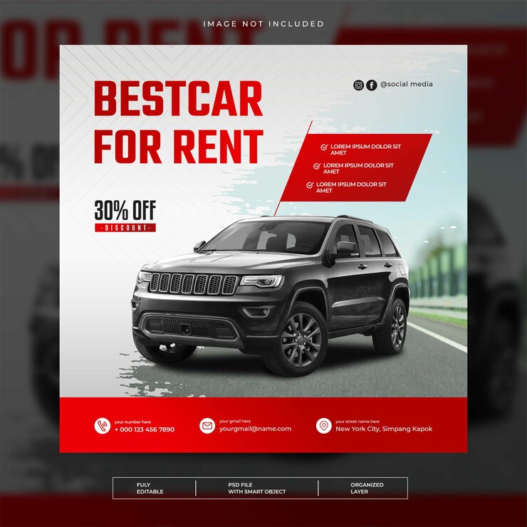 Cartaz de venda e aluguel de carros, promoção de design de modelo de mídia social