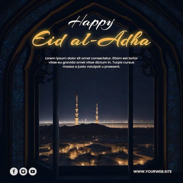 Cartaz feliz da celebração de eid al adha com vista da janela da mesquita