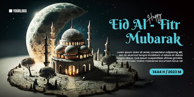 Cartaz feliz do Eid AlFitr com fundo de mesquita