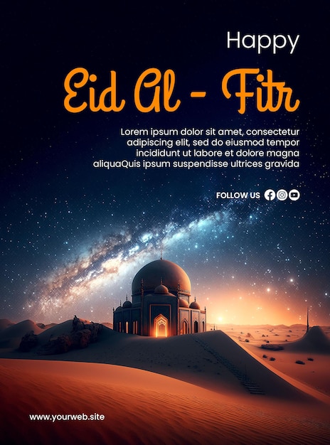 Cartaz feliz do Eid alFitr com um fundo de mesquita e a imagem criativa de ai do céu da Via Láctea