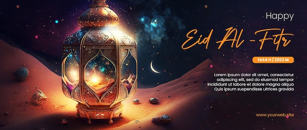 cartaz feliz eid al fitr com fundo de lanterna árabe e espaço sideral
