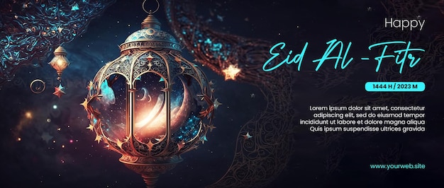 cartaz feliz eid al fitr com fundo de lanterna árabe e espaço sideral