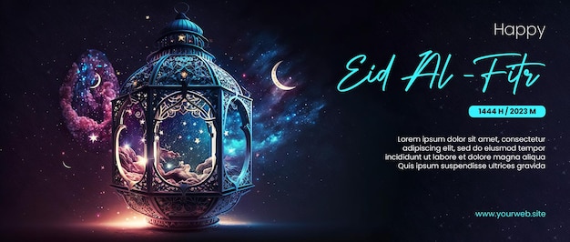 cartaz feliz eid al fitr com fundo de lanterna árabe e espaço sideral