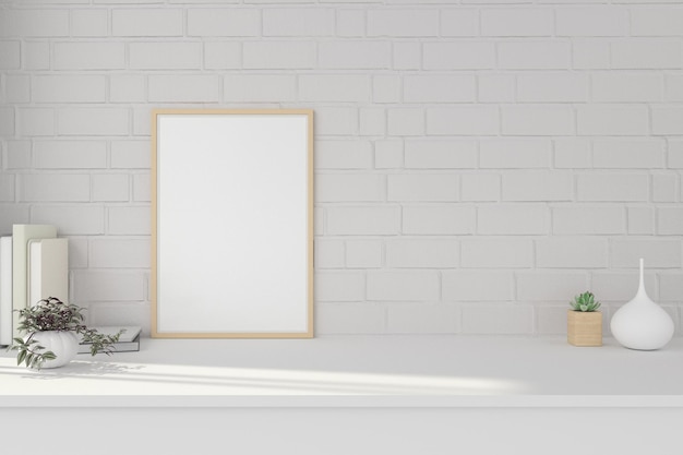 Cartaz interior em casa simulado com moldura vertical e plantas em vaso na renderização 3d de fundo de parede branca