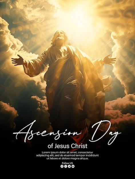 PSD cartaz para o dia da ascensão de jesus cristo com o fundo de jesus ascendendo ao céu