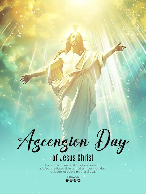PSD cartaz para o dia da ascensão de jesus cristo com o fundo de jesus ascendendo ao céu