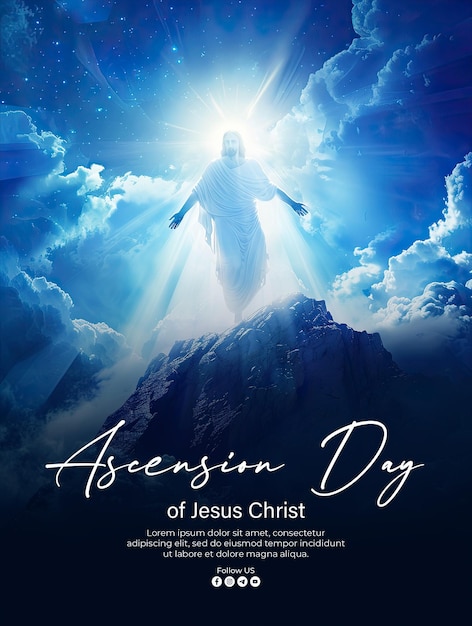 PSD cartaz para o dia da ascensão de jesus cristo com o fundo de jesus ascendendo ao céu