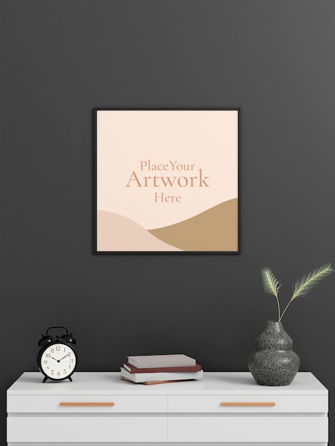 Cartaz preto quadrado minimalista ou maquete de moldura na parede com livro e decoração