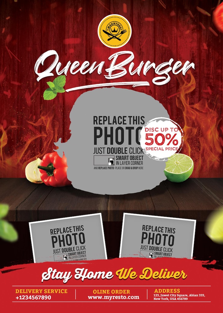 PSD cartaz queen burger para modelos de promoção de produtos alimentícios psd