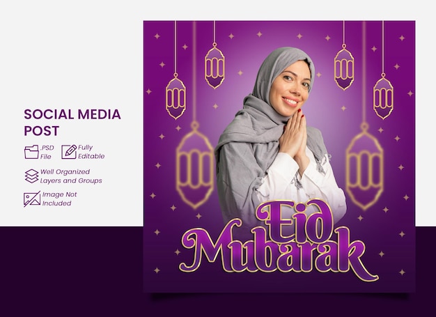 PSD cartaz roxo com uma mulher em um hijab e as palavras happy eid mubarak