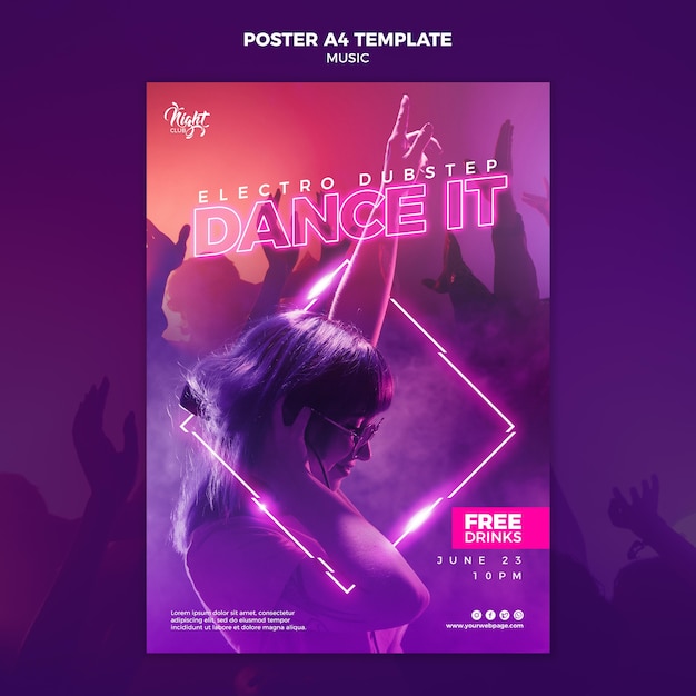 Cartaz vertical de néon para música eletrônica com DJ feminina