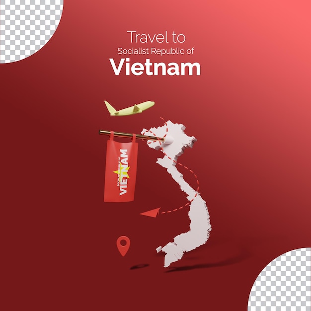 Carte 3D colorée du Vietnam et modèle de poste de voyage