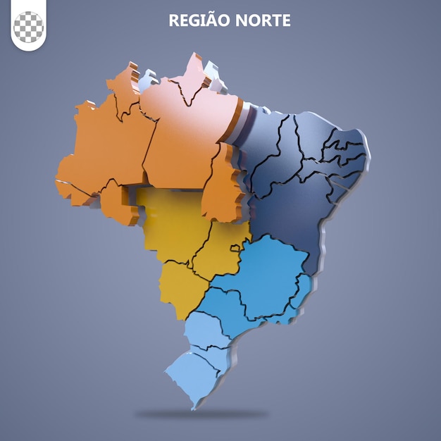 PSD carte 3d du brésil par régions en couleurs vintage région nord éducative