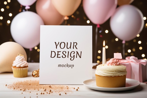 Carte blanche sur fond festif avec des ballons et des cupcakes Mockup pour afficher des œuvres d'art ou des félicitations.