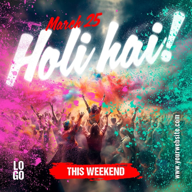 PSD carte carrée d'affiche du festival happy holi colorée