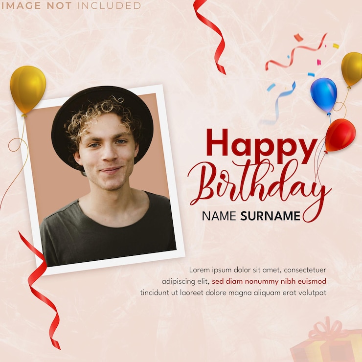 PSD carte de célébration d'anniversaire message sur les médias sociaux avec des souhaits conception de confetti de ballon et cadre photo