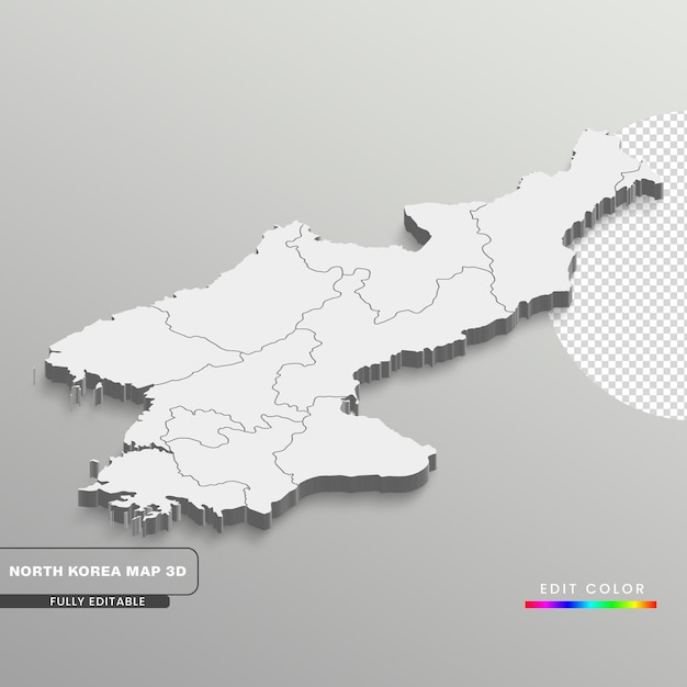 PSD une carte de la corée du nord sur fond blanc carte isométrique 3d entièrement modifiable avec les états