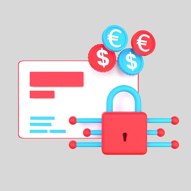 Carte de crédit 3d avec illustration d'icône de pièce de monnaie d'argent de cadenas rendre les services bancaires en ligne sûrs
