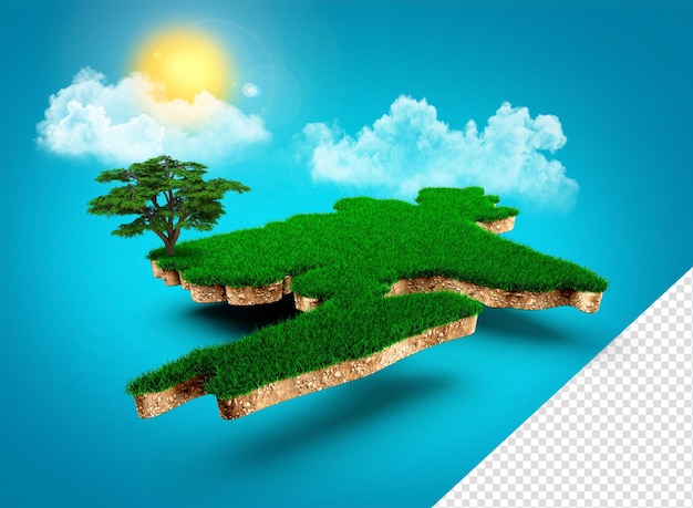 PSD carte du bangladesh carte 3d réaliste des rayons du soleil de l'arbre des nuages du bangladesh sur le ciel bleu vif 3d