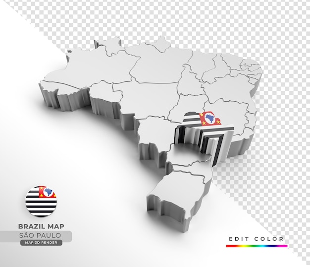 Carte Du Brésil Avec Le Drapeau De L'état De São Paulo En Rendu Isométrique 3d