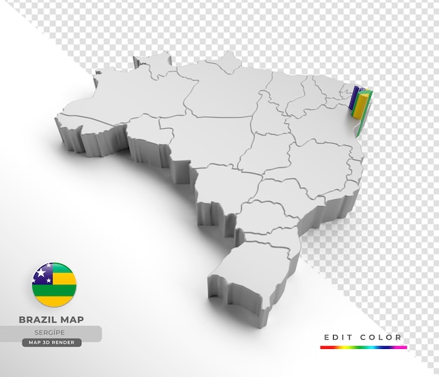 Carte Du Brésil Avec Drapeau De L'état De Sergipe En Rendu 3d Avec Fond Transparent